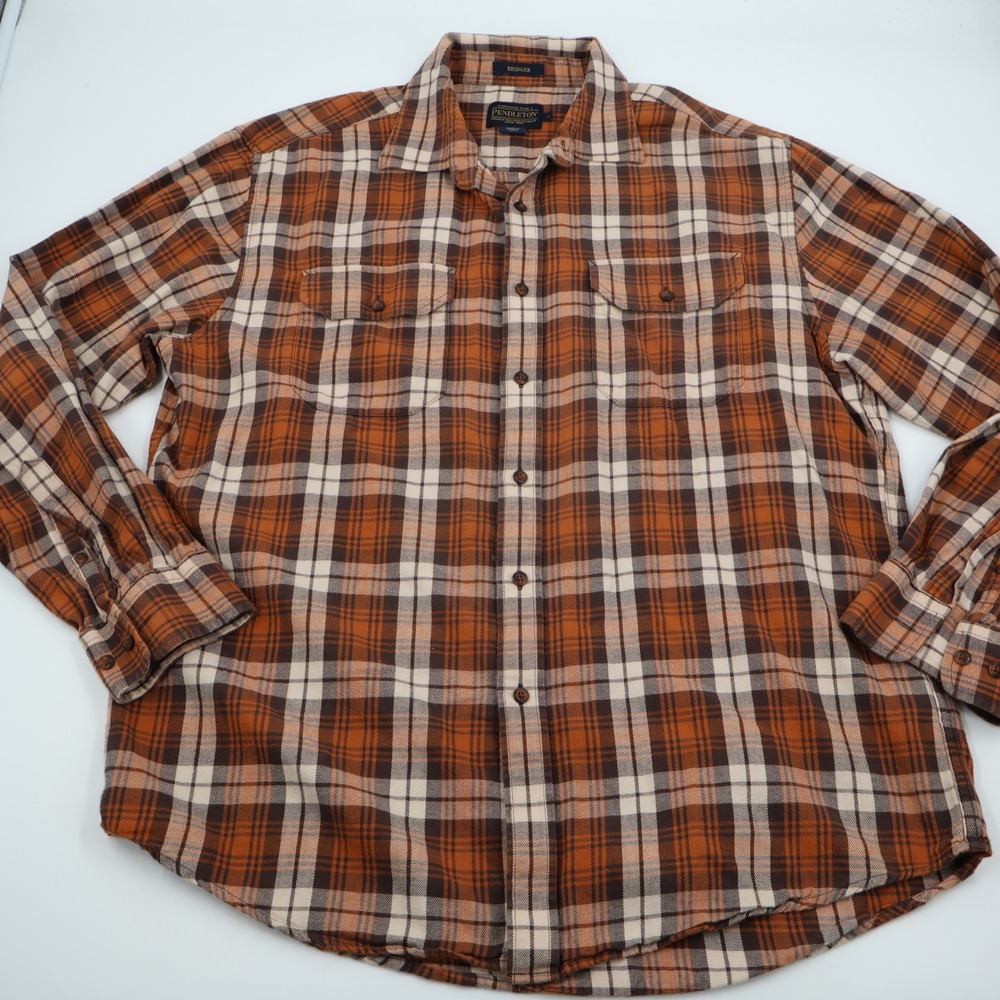 Pendleton Bridger Shirt Mens L Brown Orange Plaid Cotton Wool Blend Flannel
